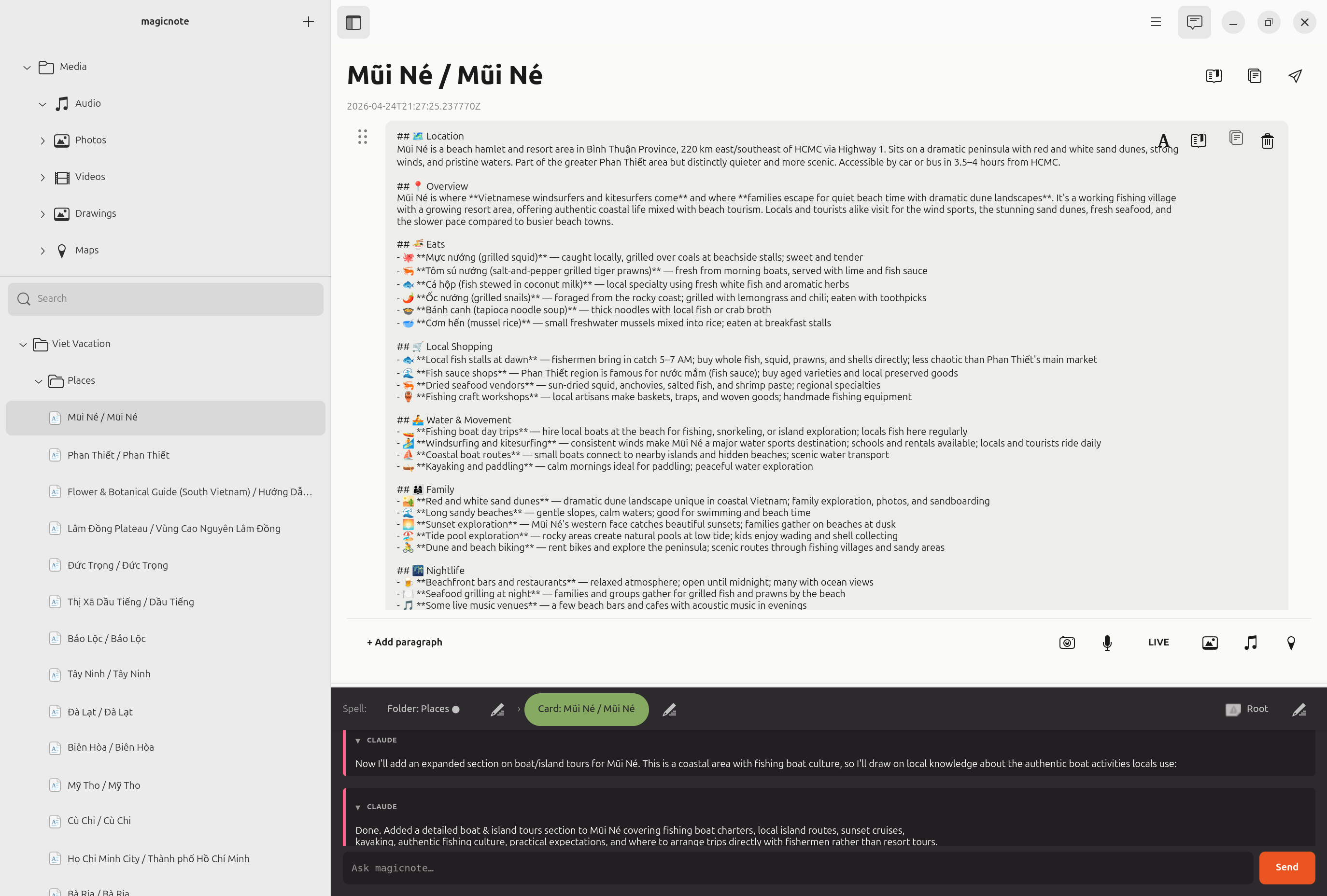 Magicnote window in use: folder tree of a Vietnam trip on the left, a Mũi Né card in the middle with structured travel notes, and the assistant chat at the bottom showing the model thinking through the request before editing the card.