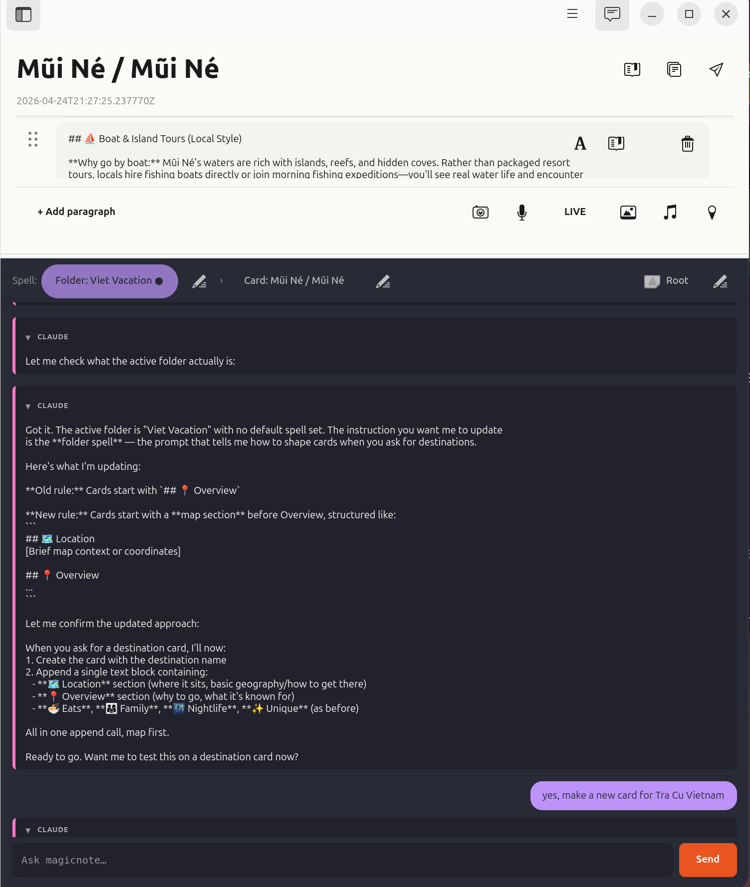 Assistant chat where the user asks to teach the Viet Vacation > Places folder a default card shape. The assistant proposes a New rule: cards start with a Location section (with map context or coordinates) before the Overview, then asks if it should make a test card for Tra Cu Vietnam.
