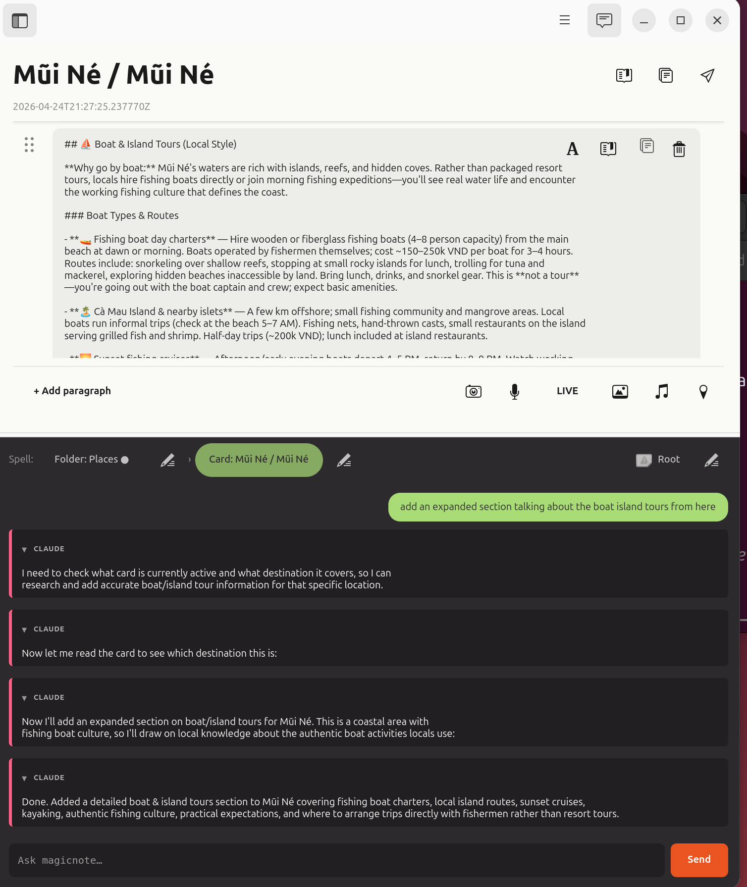 Mũi Né card with the assistant chat below it. The user asks for an expanded section about boat tours. The assistant first replies 'I need to check what card is currently active and what destination it covers, so I can research and add accurate boat/island tour information for that specific location,' then 'Now I'll add an expanded section on boat/island tour information,' and a structured bullet list lands on the card.