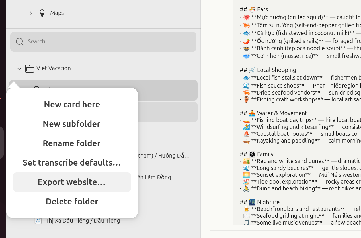Right-click context menu on a folder in the sidebar: New card here, New subfolder, Rename folder, Set transcribe defaults..., Export website..., Delete folder.