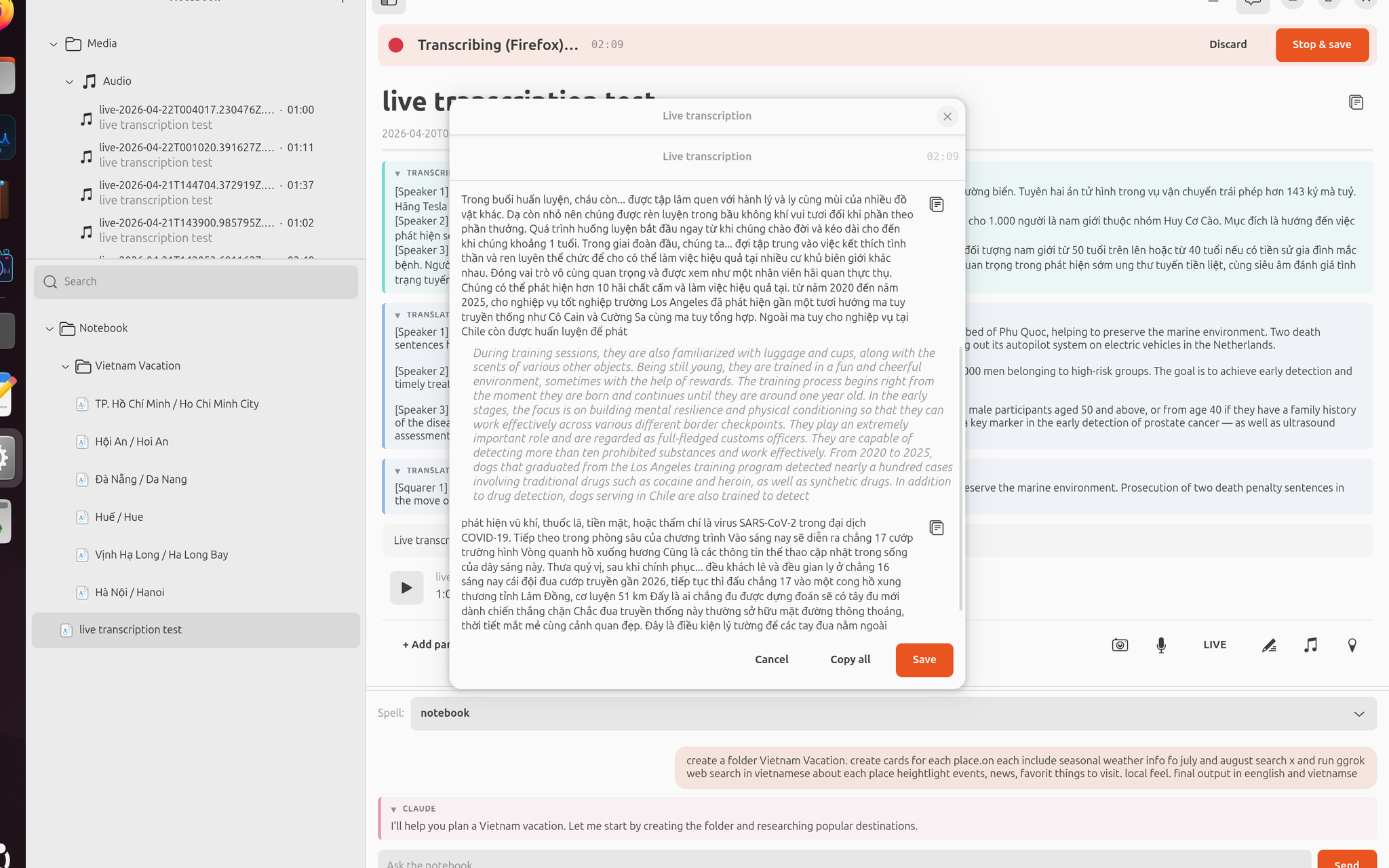 Magicnote card mid-LIVE session with the LIVE button highlighted, partial recognised text in a muted weight below committed paragraphs.