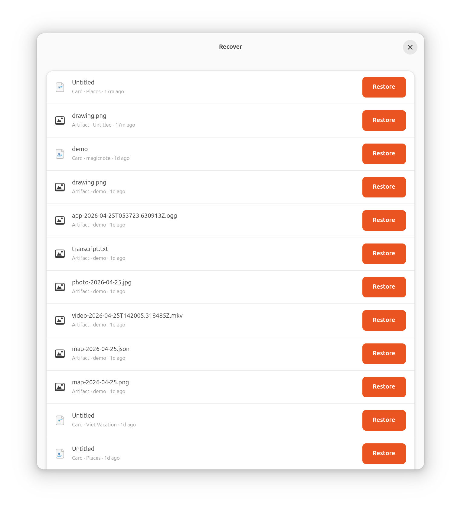 Recover window listing soft-deleted items: a card under Places, a drawing artifact, a demo card with several artifacts (drawing, .ogg recording, transcript.txt, photo, video, map JSON, map PNG), more cards. Each row has a Restore button.