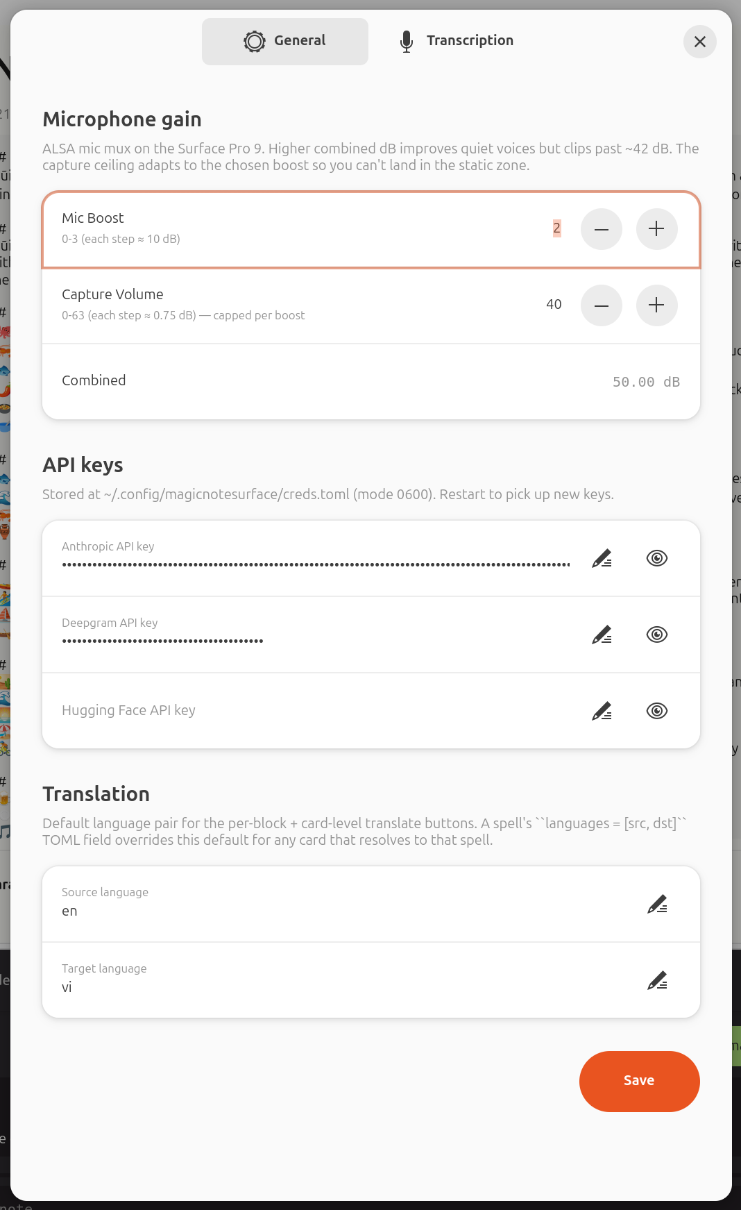 Settings General tab. Microphone gain section with Mic Boost (0–3, 10 dB per step), Capture Volume (0–63, ~0.75 dB per step) and a combined dB readout. API keys section with masked fields for Anthropic, Deepgram, and Hugging Face. Translation defaults at the bottom (en → vi).