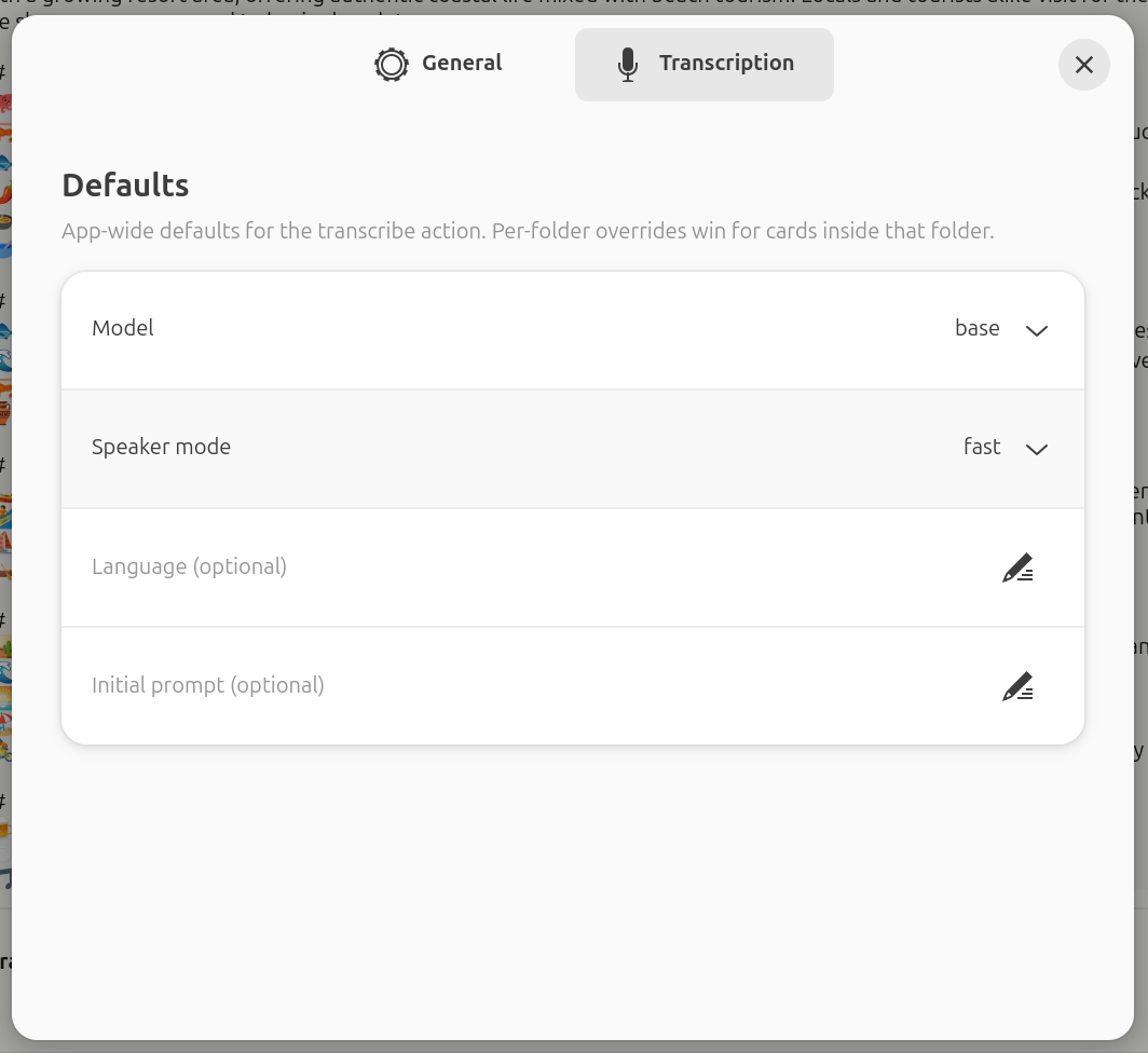 Settings Transcription tab: Defaults header noting that per-folder overrides win for cards inside that folder, with Model, Speaker mode, Language, and Initial prompt fields.