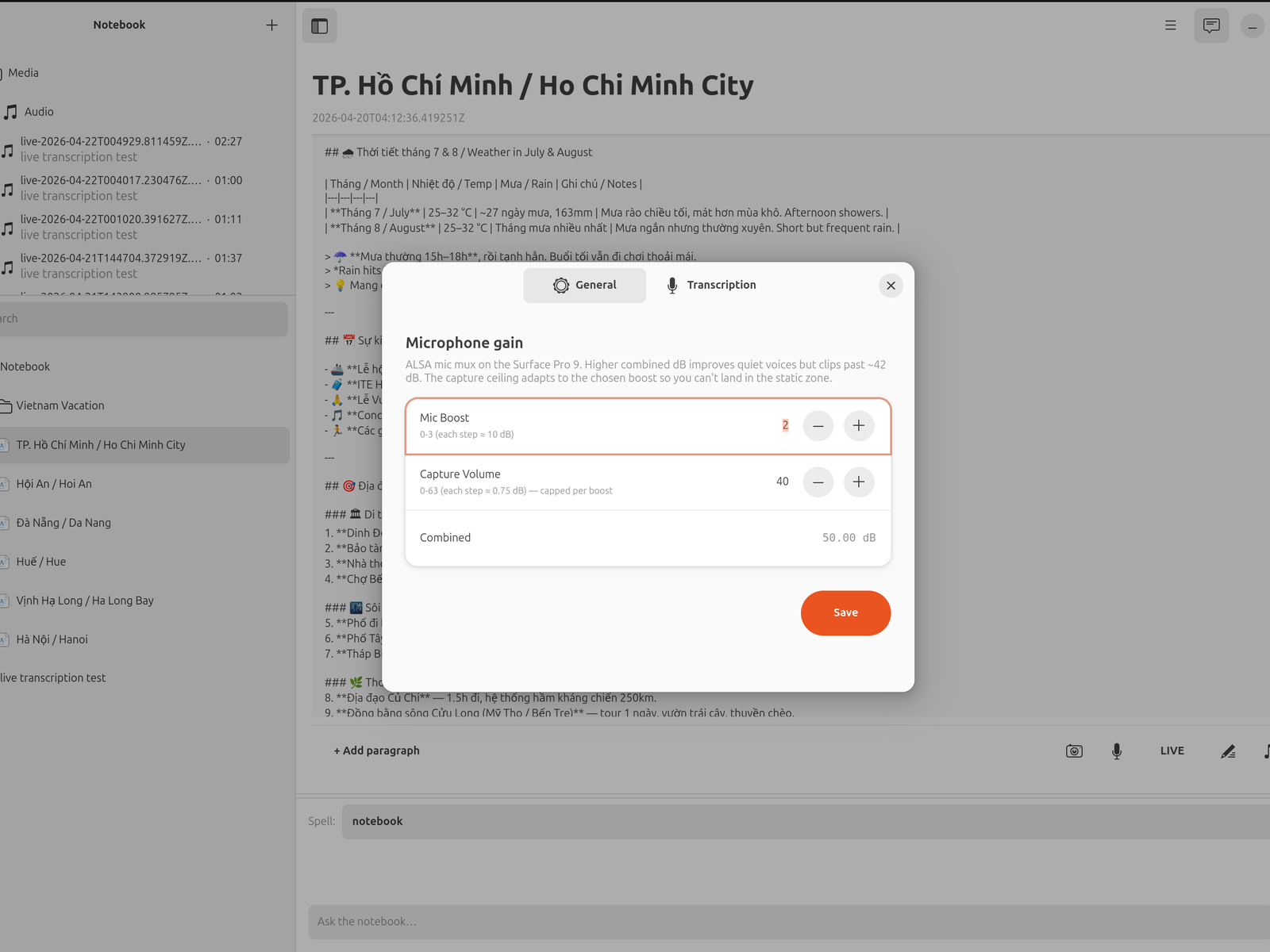 Magicnote settings modal: API key field, spell conflict mode dropdown, transcription defaults, mic gain slider, and an editable 'what the assistant remembers about you' block.