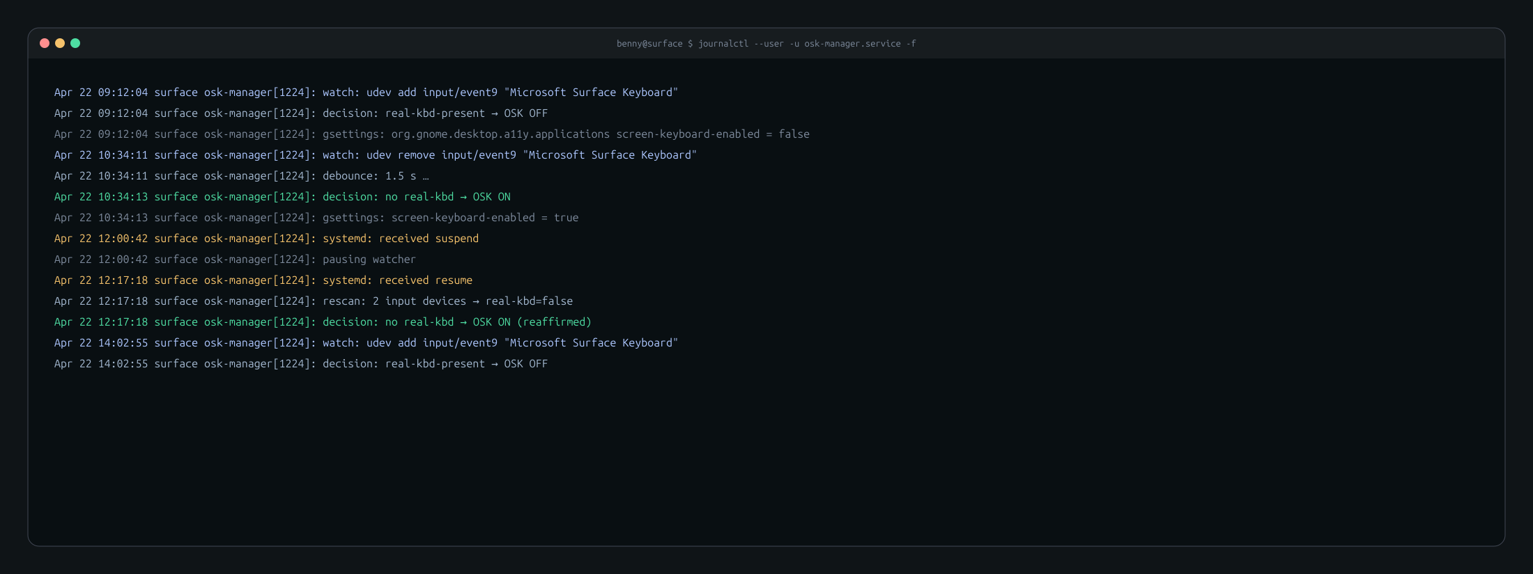 Terminal running journalctl --user -u osk-manager.service -f: attach event, OSK off, detach event, OSK on, sleep, resume, rescan — each with a timestamp.