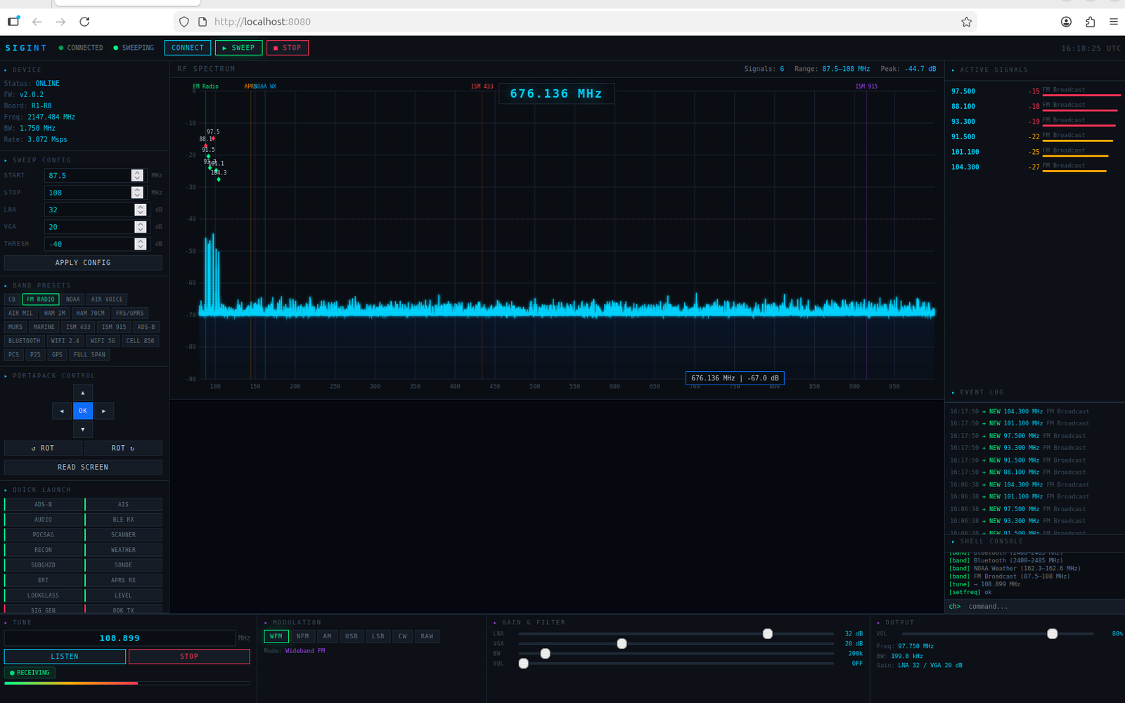 HackRF SIGINT dashboard: live spectrum and waterfall with colored peaks