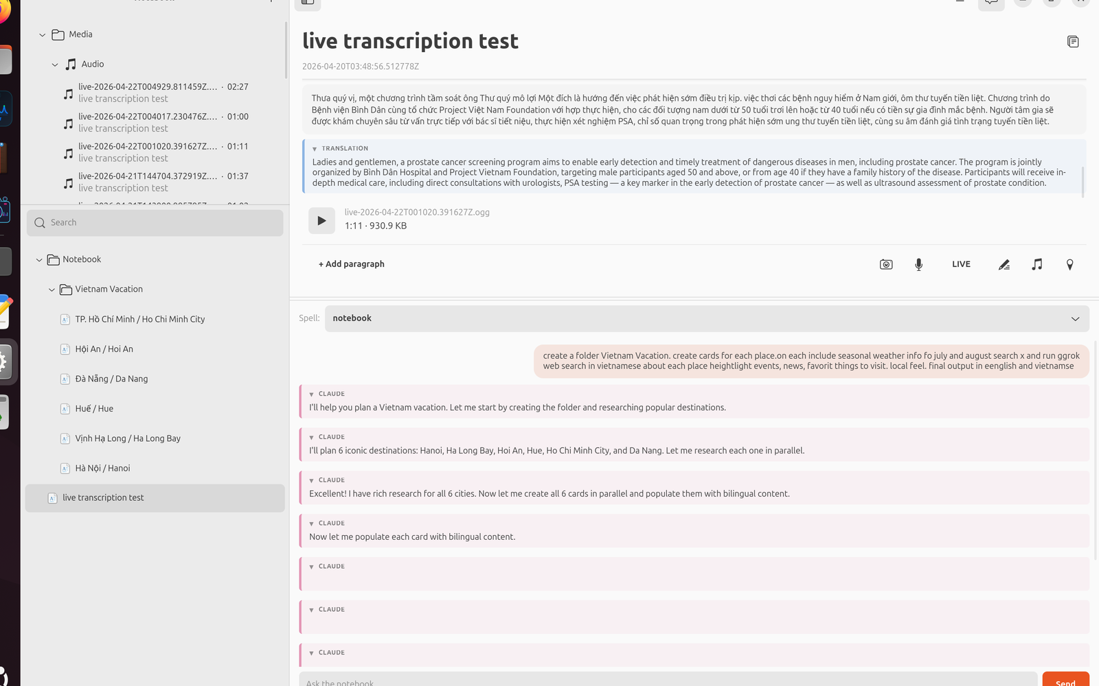 Magicnote three-column window: folder tree, a card with text, photo, and audio, and the assistant chat pane
